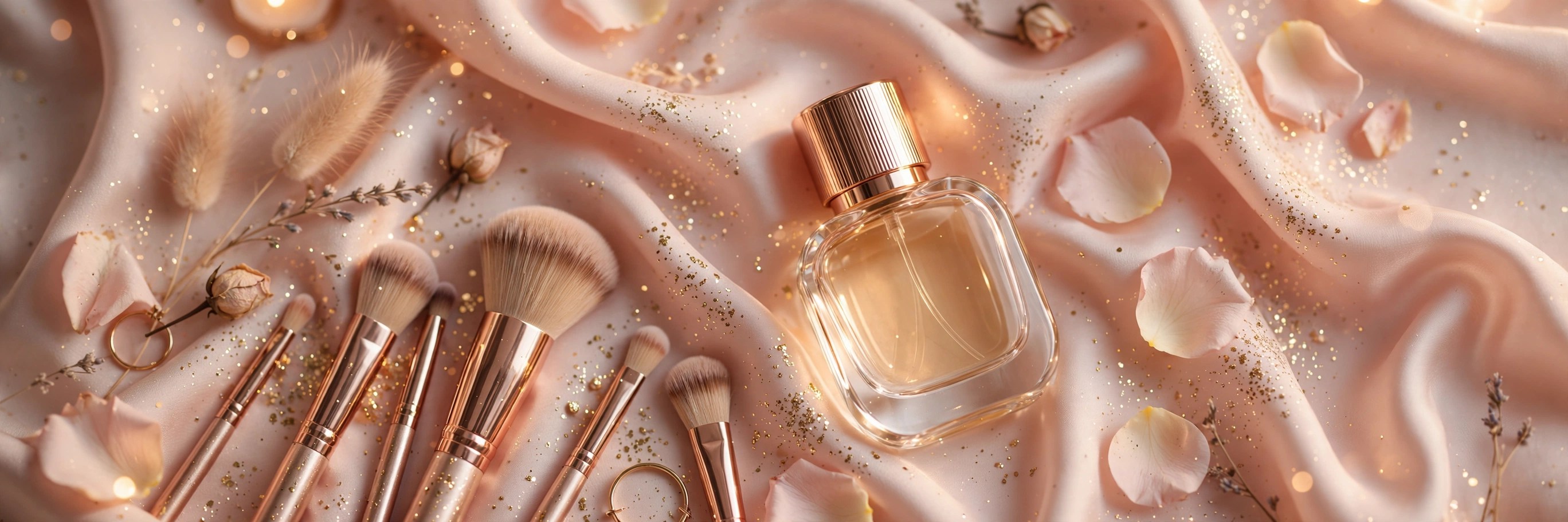 Rose gold and gold glitter beauty flat lay